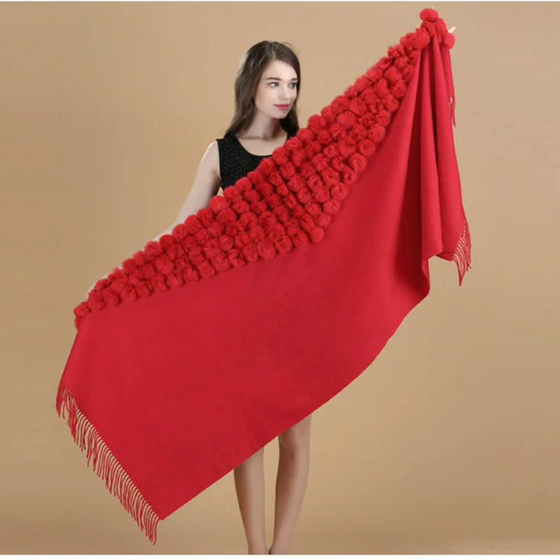 New Burgundy High Quality Women\'s 100% Wool Rabbit Fur Balls Pashmina With Fine Tassel Thick Shawl Scarf Warm Fashion Wool Shawl