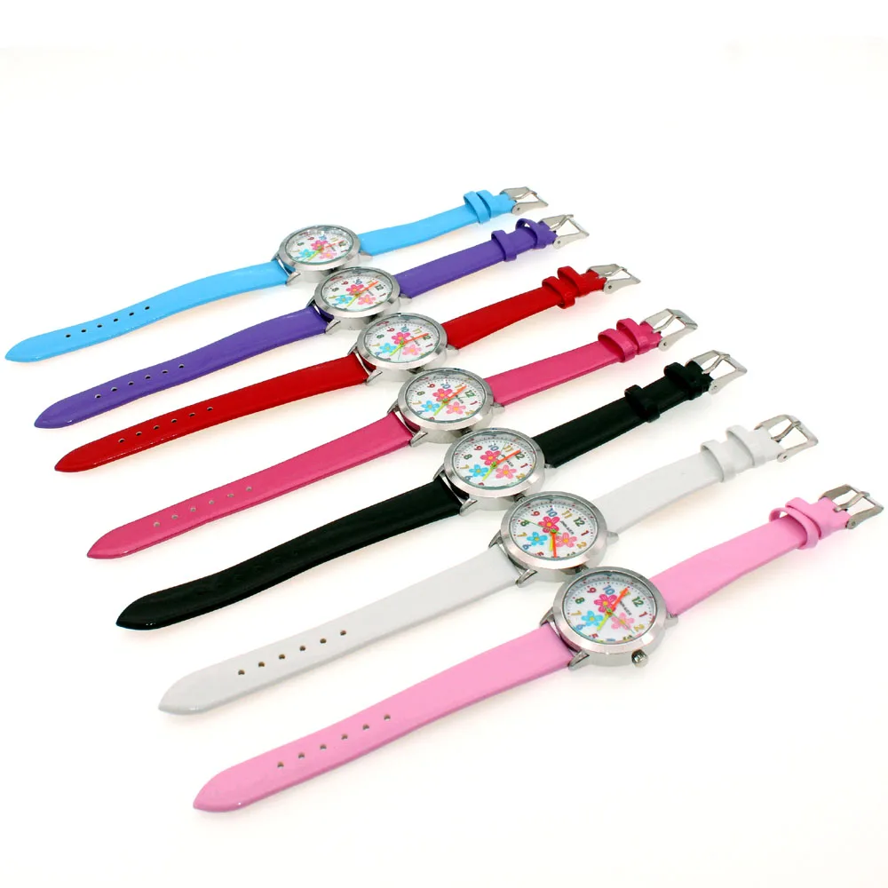 นาฬิกาเด็กหญิงเล็กๆความงามดอกไม้ควอตซ์นาฬิกาคุณภาพสูงเด็กนาฬิกาหนังเด็กชุดของขวัญ