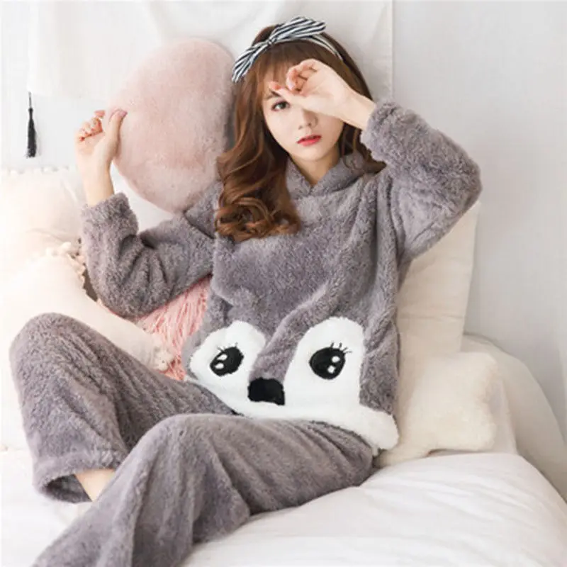 Two Piece Winter Women Pyjamas Thicken Flannel Pajama Sets  Lovely Bear Hoodie Cute Pijama Long Nightgown Sleepwear