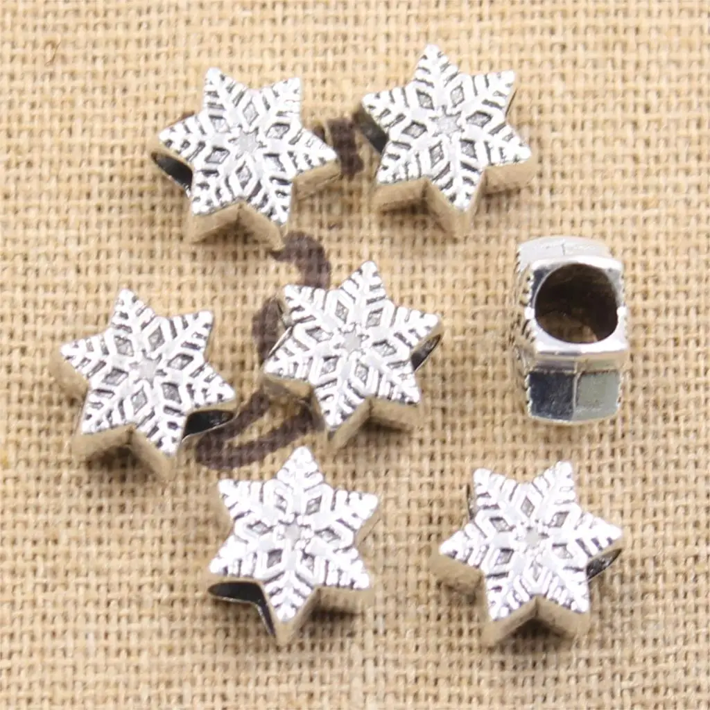 8pcs 11x9x6mm Snow Snowflake 4.5mm Big Hole Bead Antique Silver Color Beads Charms Fits Diy Charms Bracelet Jewelry Beads