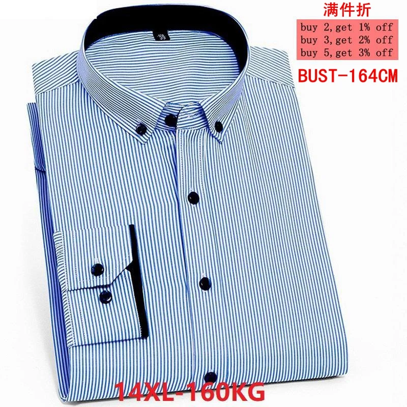 

9XL Men's Long Sleeve Lapel Stripe Blue Shirt 11XL 12XL 13XL 14XL Business Casual Office Official Occupation 12 Color