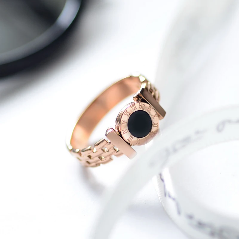 YUN RUO Rose Gold Color Black Roman Numerals Ring for Woman Man Couple Jewelry 316 L Stainless Steel Ring Top Quality Never Fade