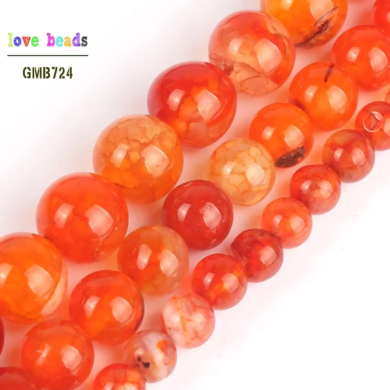 Natural Orange Fire Dragon Veins Agates Round Loose Stone Beads for Jewelry Making DIY Bracelets 15\'\' 6mm 8mm 10mm