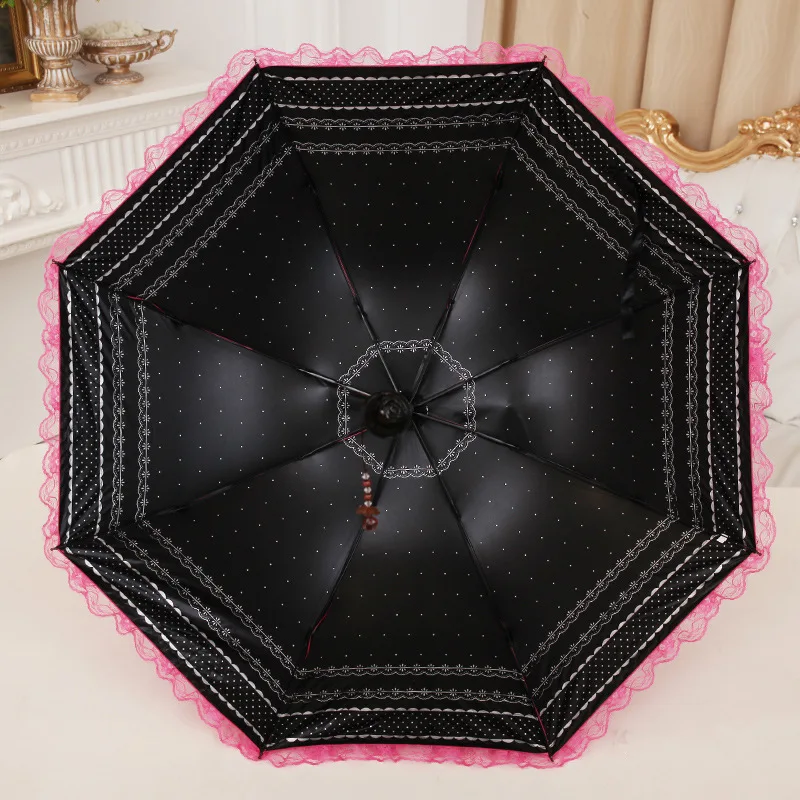 Sunny and Rainy Umbrella for Women Fashion Protection UV Lace Folding Umbrella Parasol Black Coating Anti UV Lace Umbrella