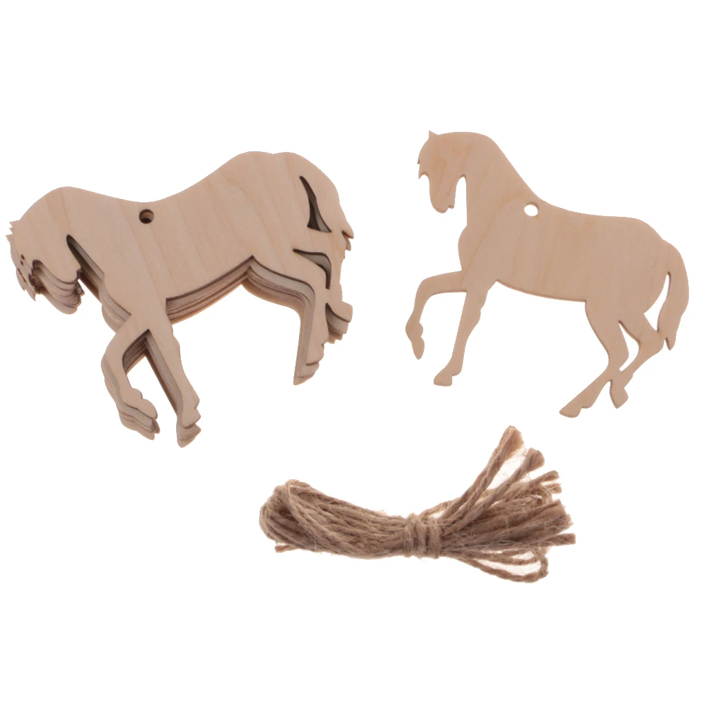 10Pieces Wood Horse Shape Cut Out Ornament Embellishment Tag with String