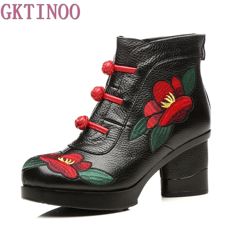 GKTINOO Floral Ankle Boots For Women Autumn Winter Genuine Leather Women's Boots Retro Handmade Comforable Shoes High Heels