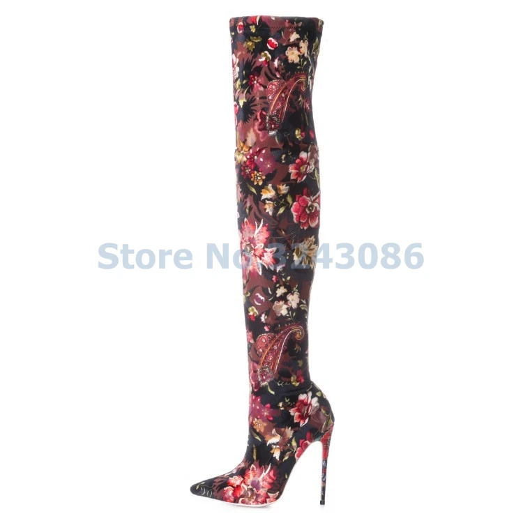 

Pointed Toe Basic Thin High Heel Boots Floral Stretch Fabric Over-the-knee Long Boots Sexy Skintight Spring Autumn Women Shoes