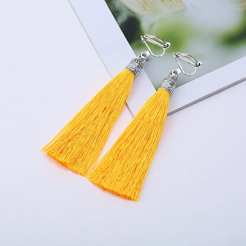 GRACE JUN Hot Sale Long Style Tassel Clip on Earrings No Pierced for Women Luxury Fashion Bohemain Ethic Charm Jewelry Ear Clip