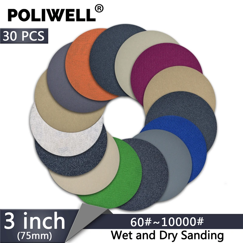 POLIWELL 30 pièces 3 pouces grain 60/240/3000/5000/10000 75mm disques abrasifs carbure de silicium rond flocage papier de verre outil de polissage de voiture