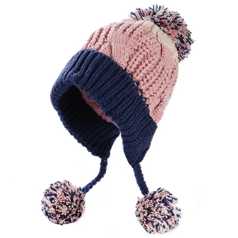 BomHCS Winter Handmade Knitted Stitching Color Beanie Hat Women Earflaps Caps