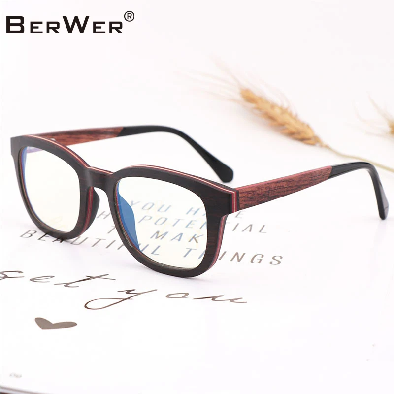 

BerWer Blue Light Glasses Anti Blue Rays Wood Glasses Women Computer Goggles Men Flat Mirror Eyeglasses