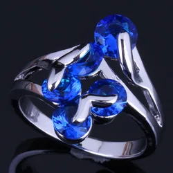 Fetching Round Blue Cubic Zirconia Silver Plated Ring V0416