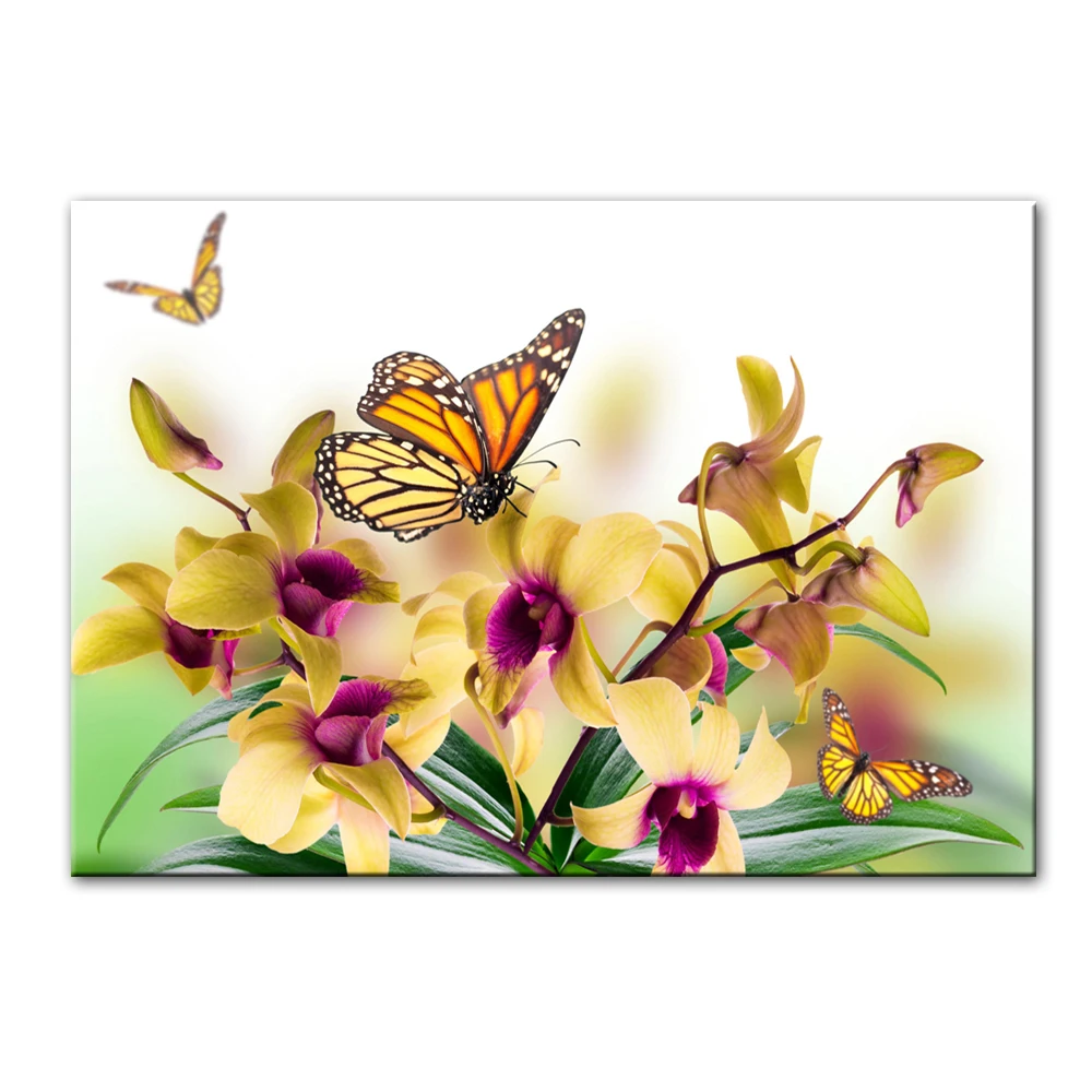 Orchid Flowers Wall Art Canvs Prints Butterflies Yellow Fower Canvs Paintings On The Wall Pictures For Living Room Cuadros Decor