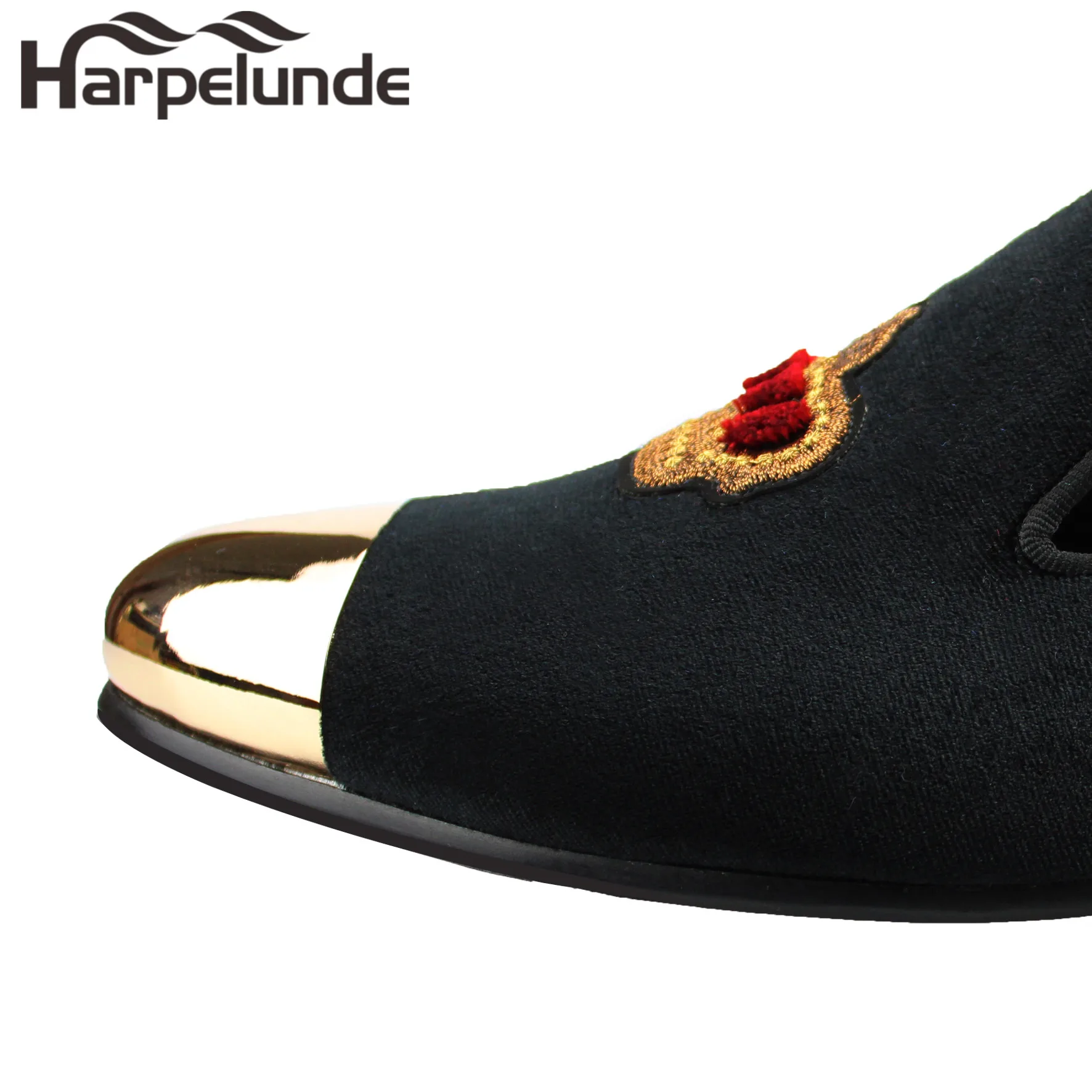 Harpelunde  Mens Formal Shoes Bullion Black Velvet Loafers With Copper Cap Toe