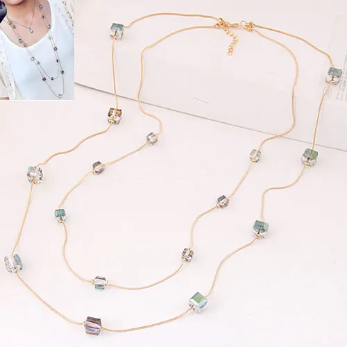 Kymyad Fashion Gold Color Double layer Long Sweater Chain Necklaces For Women Bijoux Cubic Crystal Beads Necklaces & Pendants