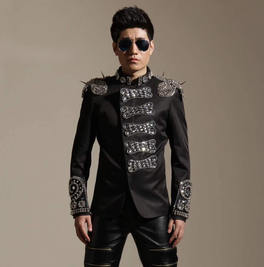 

Men Plus punk performance bead Rivet badges blazer outerwear dj male singer dancer Epaulet jazz slim jacket stage ds costume