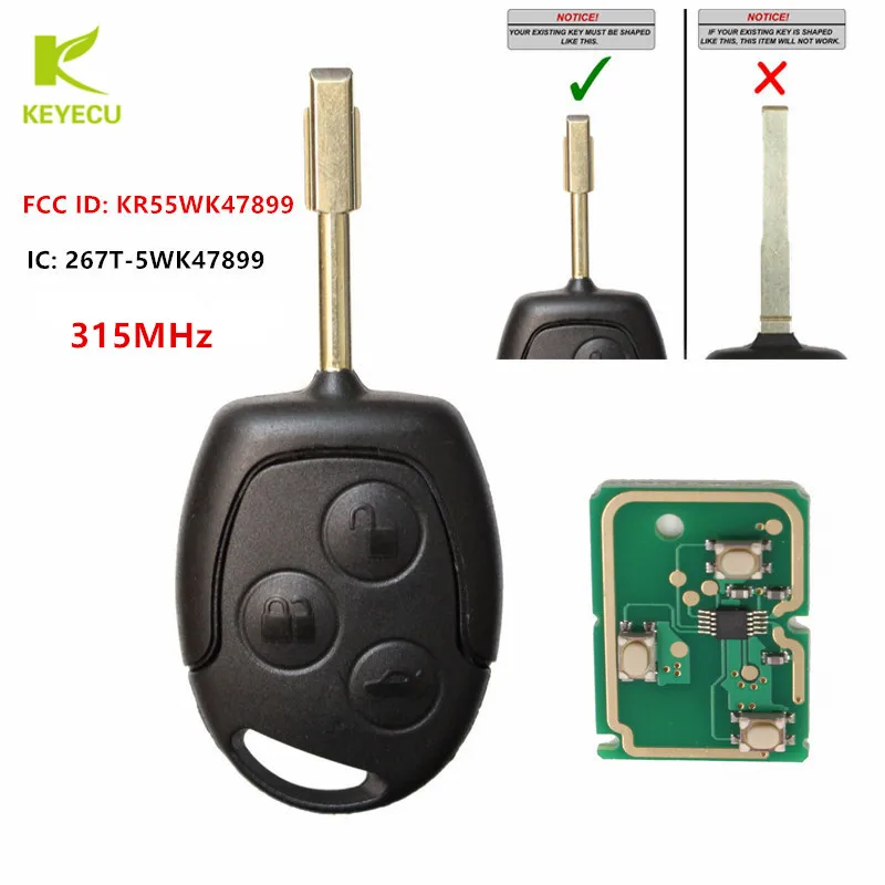 KEYECU Replacement Remote Car Key FOB Transmitter 315MHz 4D60/4D63 Chip for Ford Transit Connect 2010-2013 FCC: KR55WK47899