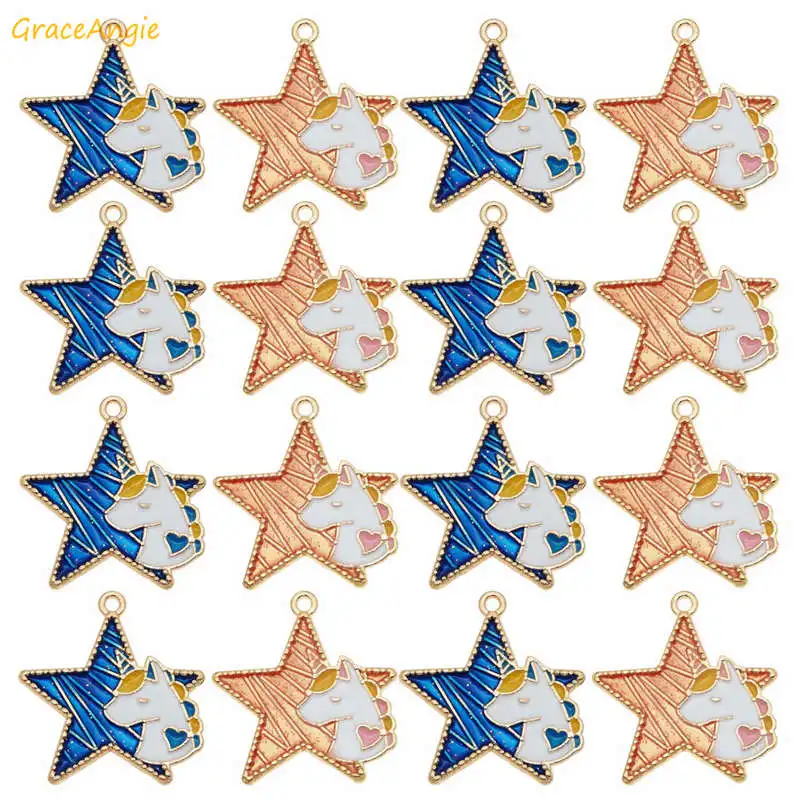 GraceAngie 10pcs 29*27mm New Blue Orange Enamel Charm Unicorn Star Pendants For Necklace Bag Decor Keychain Making Accessory