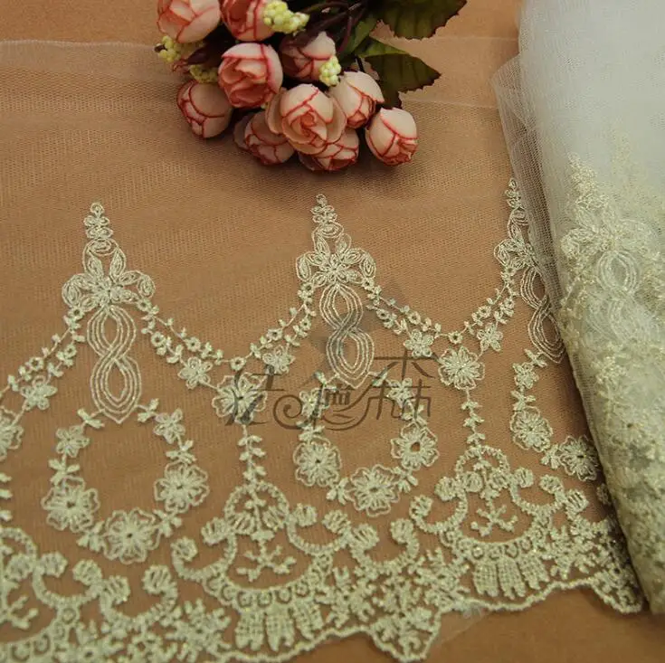 1 Yard Wide Gold Lace Trim for Bridal Costume or Jewelry Crafts and Sewing Embroidery Golden Lace Fabric Mesh 22cm