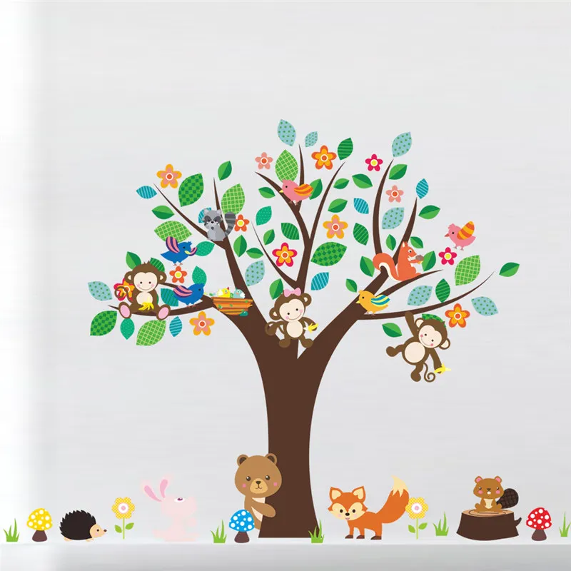 Cartoon Animals Floral Tree Wall Sticker For Kindergarten Kids Room Home Decoration Rabbit Fox Monkey Safari Mural Art Decals