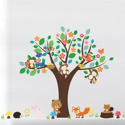 Cartoon Animals Floral Tree Wall Sticker For Kindergarten Kids Room Home Decoration Rabbit Fox Monkey Safari Mural Art Decals