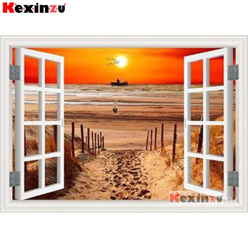 3d Full round Square diamond painting Window sunset beach cross stitch full drill diy painting Plastic crafts mosaicembroidery