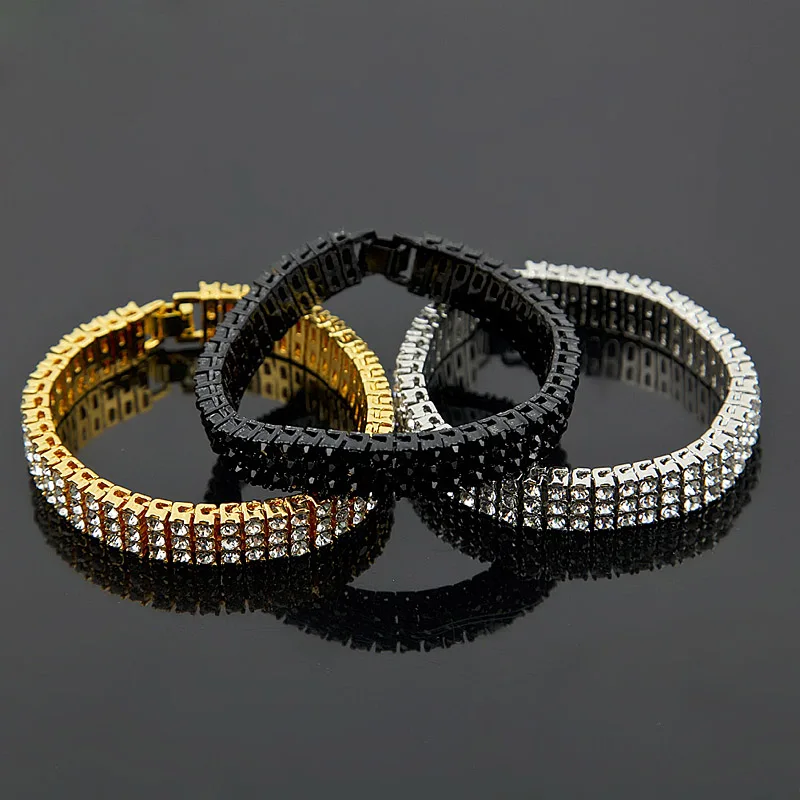 Trendy 3 Three Rows Rhinestone Pharaoh CZ Bracelet MIAMI CUBAN LINK Exaggerated Bangle Hip Hop Bling Men Women Chain Wristbands