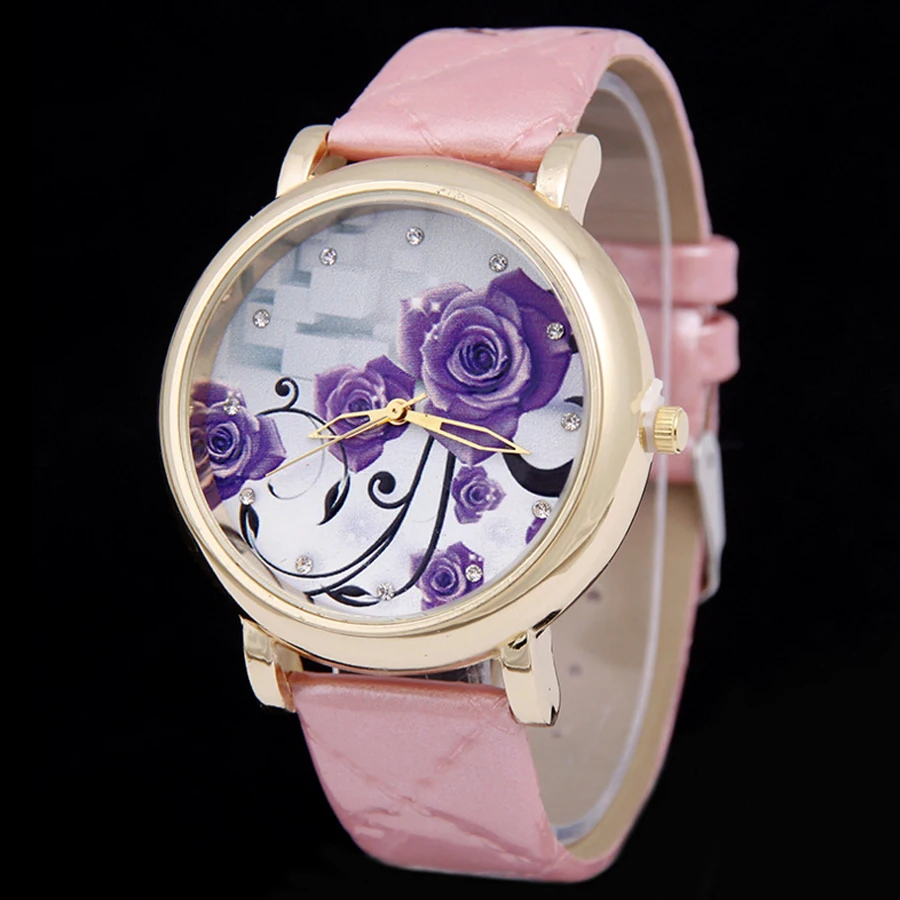 Shsby Brand purple flowers Leather Strap WristWatches Fashion Ladies Rhinestone Quartz Watch Women dress Watches girl\'s gift