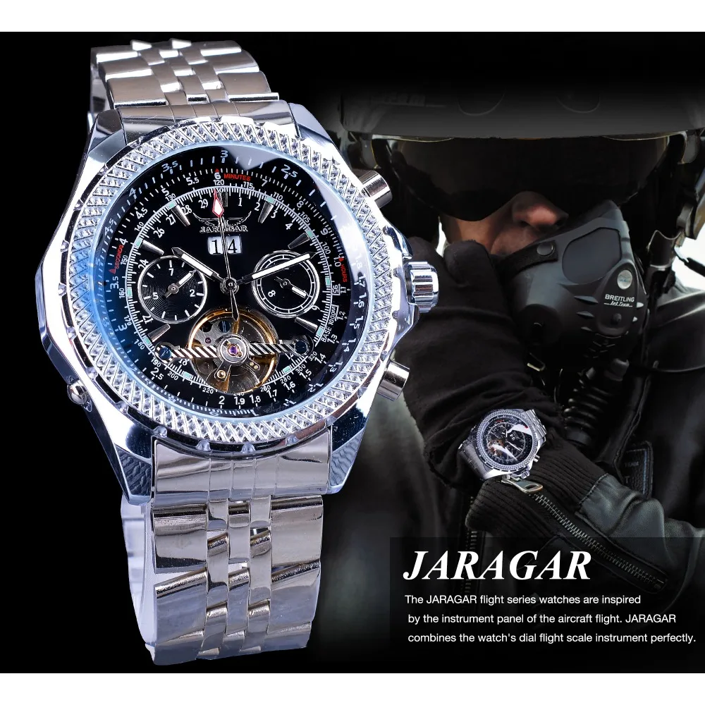 Jaragar Steampunk Sport Series Tourbillon Unique Silver Stainless Steel Date Month Display Luminous Auatomatic Watches for Men