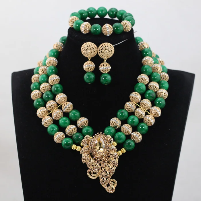 

Brooch Chunky Necklace Set Hot 2017 Latest Greenery African Beads Nigerian Wedding Jewelry Sets Green Costume Women ABH264