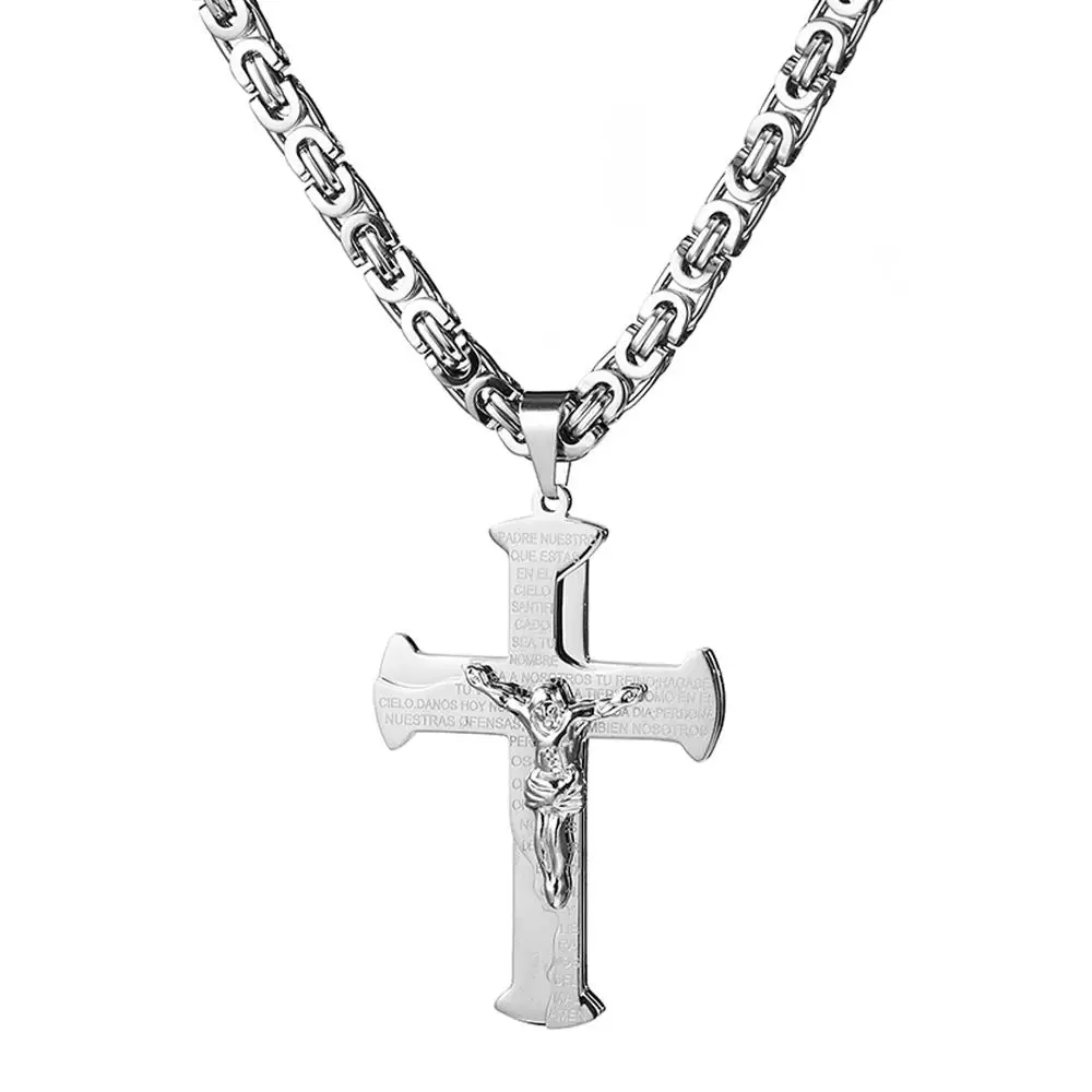 Jesus Crucifixion Cross Pendant Necklace For Men Women Gold Silver Black Color Stainless Steel Byzanine Chain