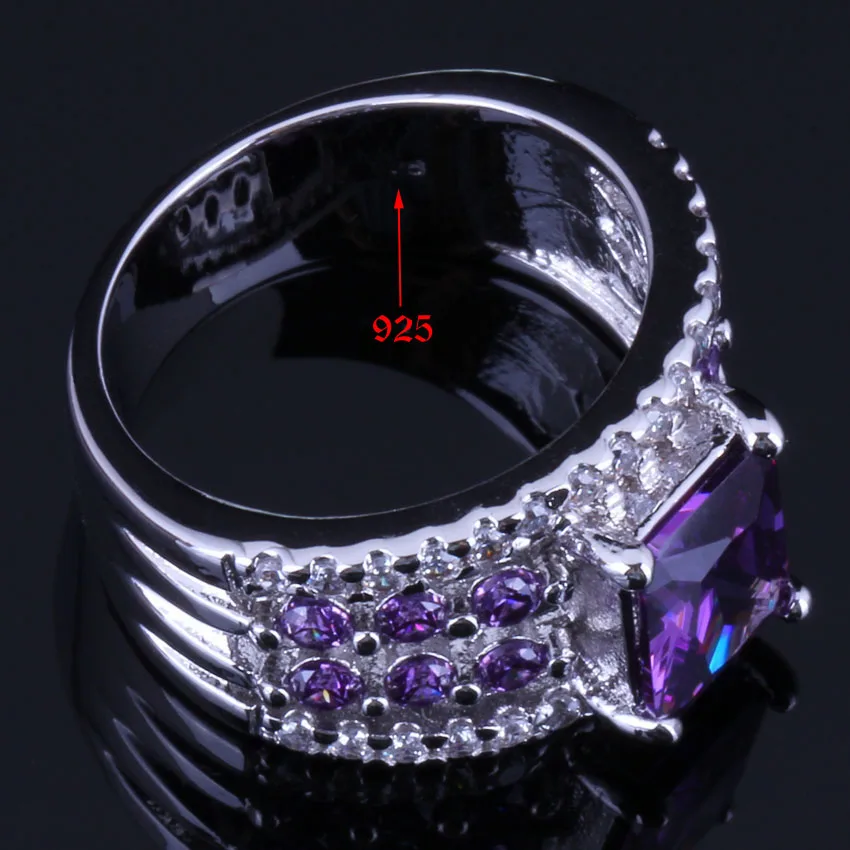 Shining Rectangle Purple Cubic Zirconia White CZ Silver Plated Ring V0456