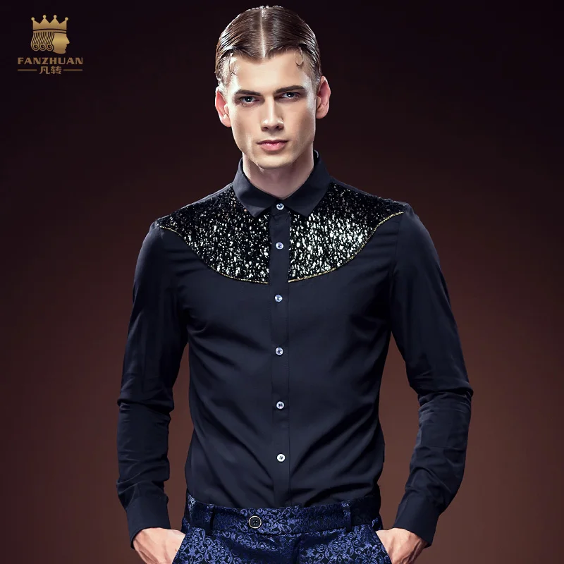 Fanzhuan Free Shipping New fashion male casual Men\'s high-end long sleeved black shirt 612115 bronzing flash Club in stock