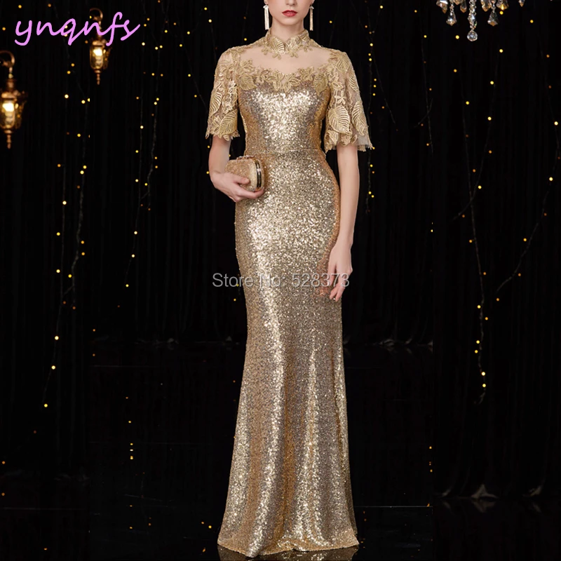 YNQNFS Robe Soiree Evening Party Illusion High Neck Flare Sleeve Gold Sequins Mother of Bride/Groom Dresses Elegant 2019 MD284