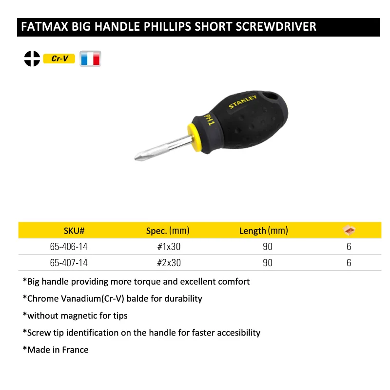 Fatmax 1-piece lifetime warranty stubby phillips screwdriver high torque cross head short screwderivers tips #1 #2 Cr.v steel