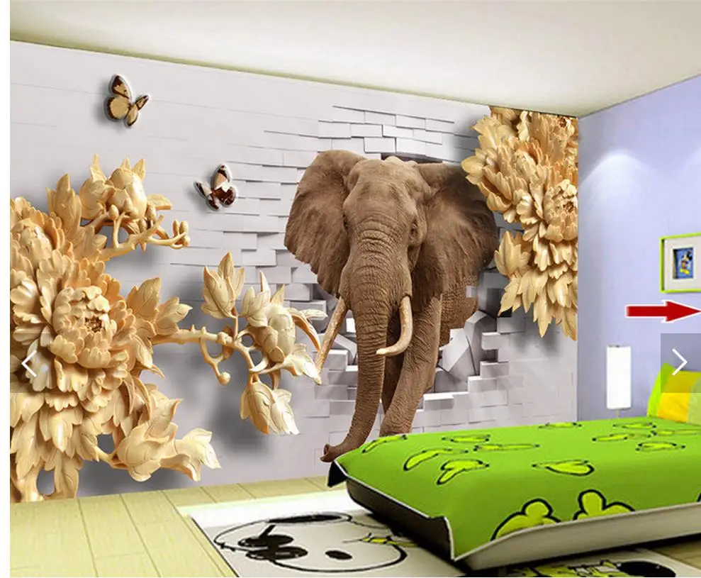 

Home Decoration Three - dimensional wood carving peony flower elephant brick wall TV backdrop