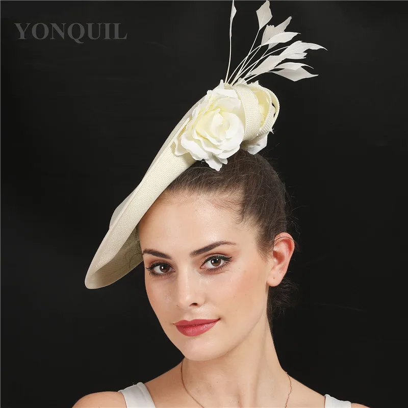 Beige Cocktailhut mit Blume Hochzeit Haarschmuck Kentucky Derby Fascinator Kopfbedeckung Hochwertiges Leinenimitat SYF666 – Detail 10