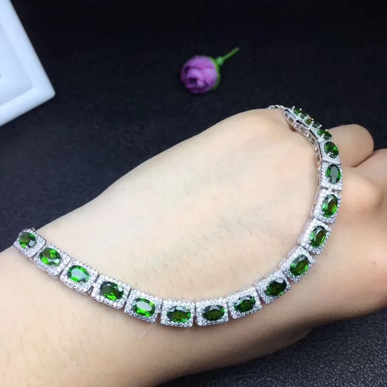 Luxurious natural diopside bracelet, precision manufactured, 925 silver, adjustable length