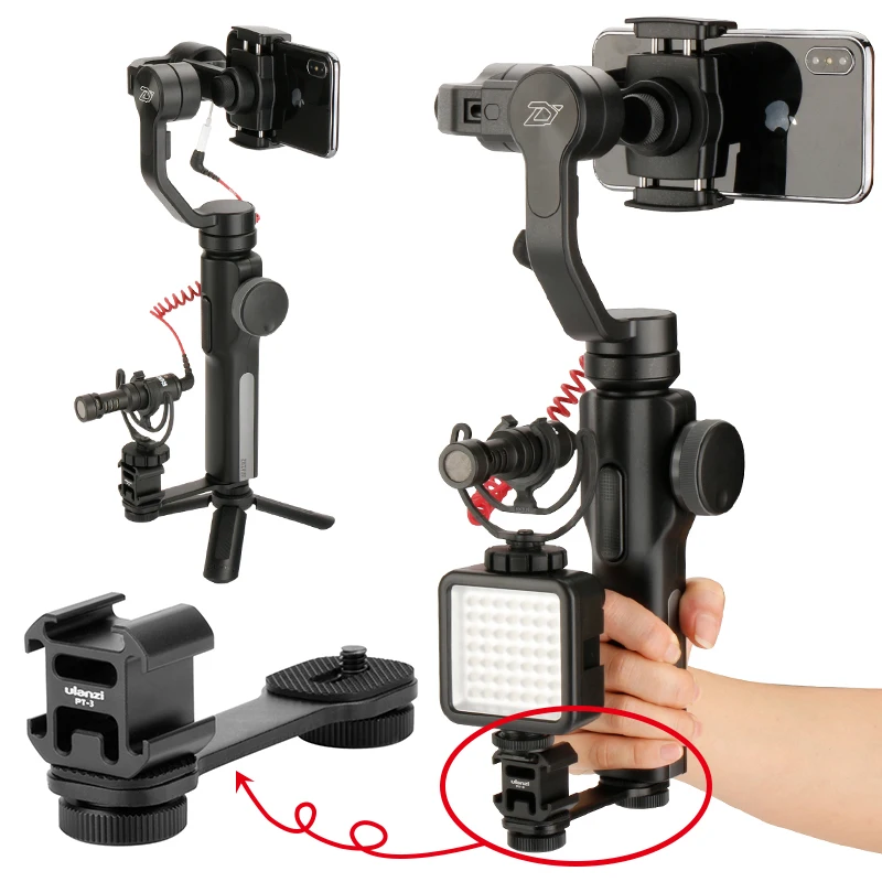 Ulanzi PT-3 Triple Hot Shoe Mount Adapter Microphone Extension Bar for Zhiyun Smooth 4 DJI Osmo Pocket Gimbal Accessories