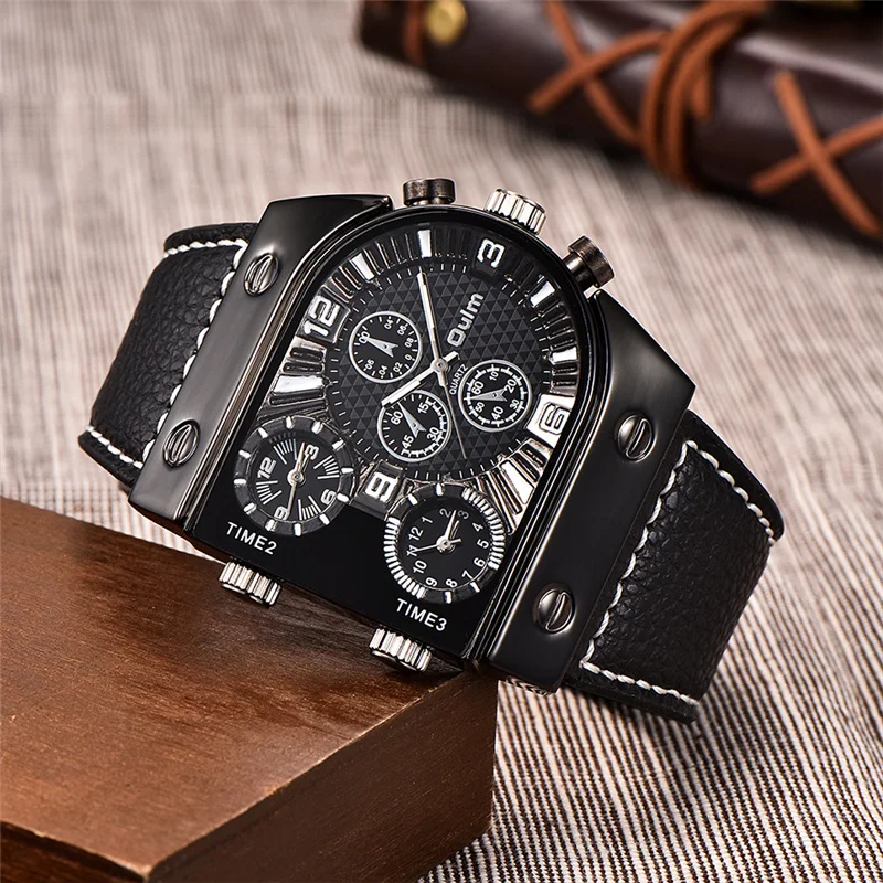 Oulm 9315 Big Size Men\'s Watches Three Time Zone Outdoor Sports Watch Male Casual Leather Strap Men Wristwatches Dropshipping