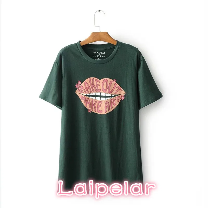 Funny kawaii Big mouth print t shirt women top short sleeve o-neck fashion casual green tees summer tops korean shirts tee