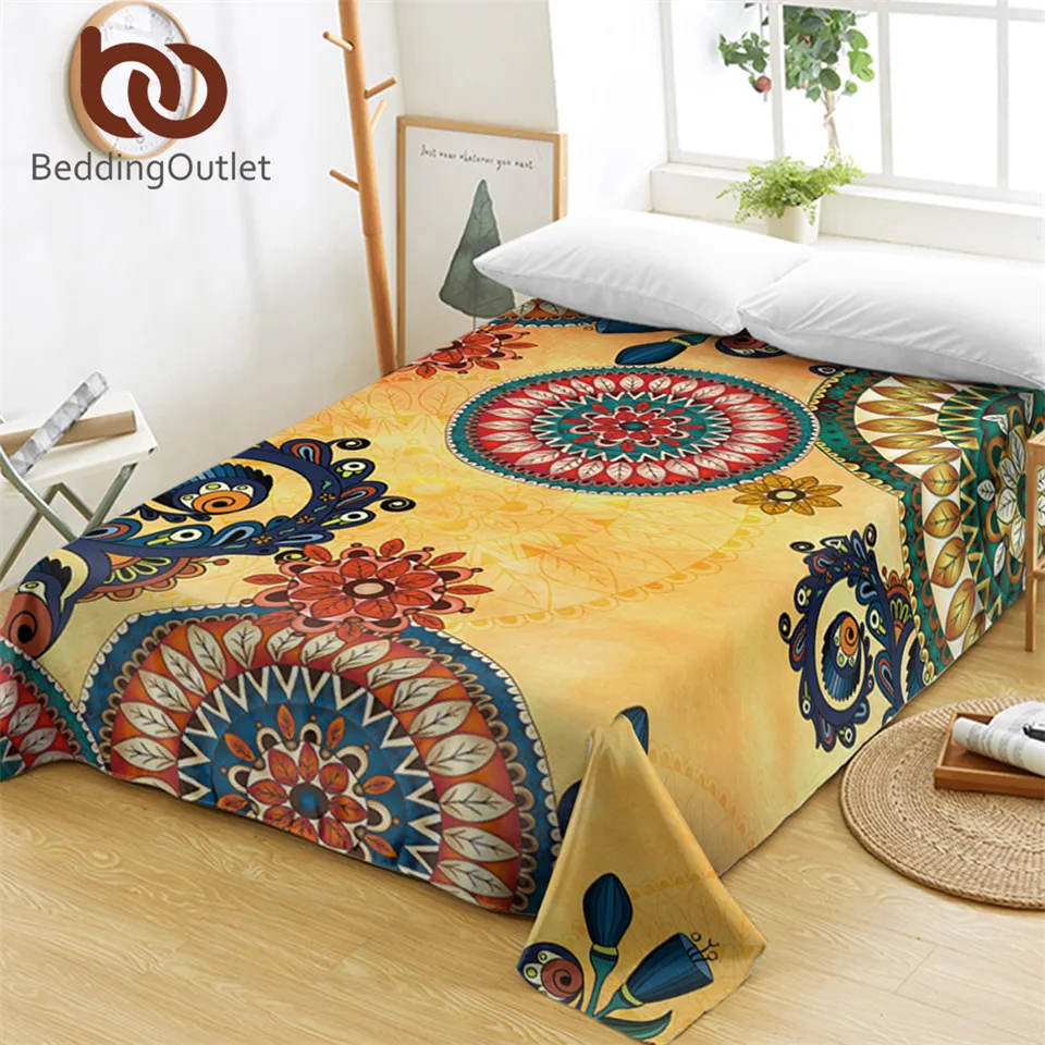 BeddingOutlet Kaleidoscope Bed Sheets Bohemian Flat Sheet Mandala Flowers Bed Linen Red Green Blue Ethnic Bedspreads Queen 1pc