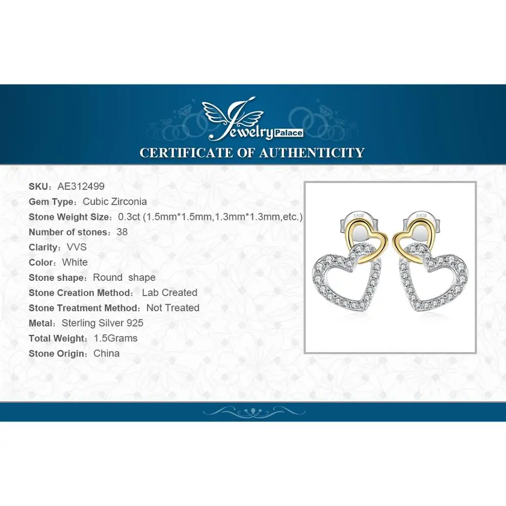 JewelryPalace Love Heart Gold 925 Sterling Silver Stud Earrings for Women Fashion Cubic Zirconia Simulated Diamond Earrings