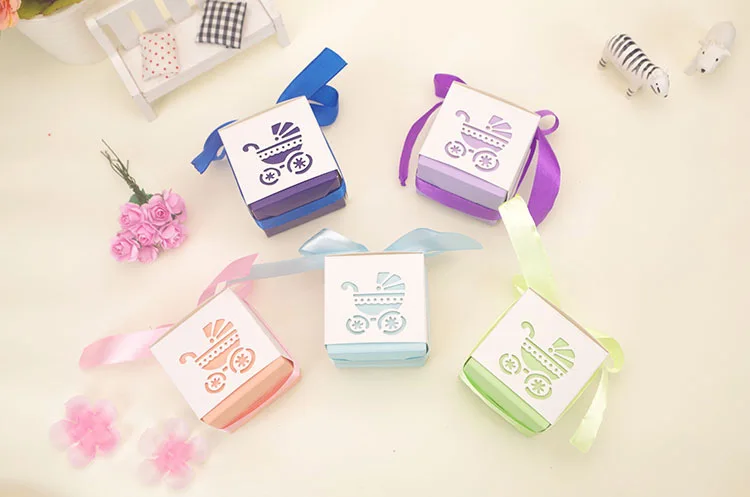 50pcs Baby Carriage Wedding Gift Candy Box With Ribbon Baby Shower Birthday Christmas Gift Packaging Paper Box Party Supplies