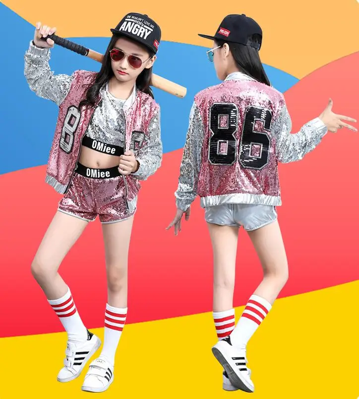 Kids Sequin Hip Hop Clothing Clothes for Girls Jacket Crop Tank Tops Shirt Shorts Jazz Dance Costume Ballroom Dancing Streetwear