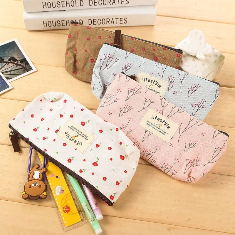 1pc x Pastoral Canvas Flower Floral Cosmetic Makeup Storage Bag Pen Case Pouch