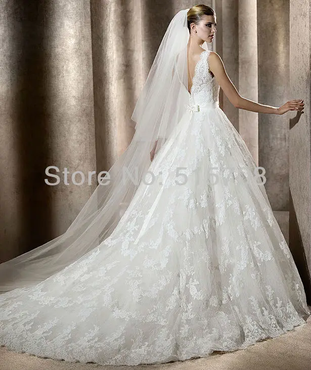 Elegant A Line Designer V Neck Straps Lace Satin Chapel Train High Quality Bridal Gown Wedding Dresses Free Shipping