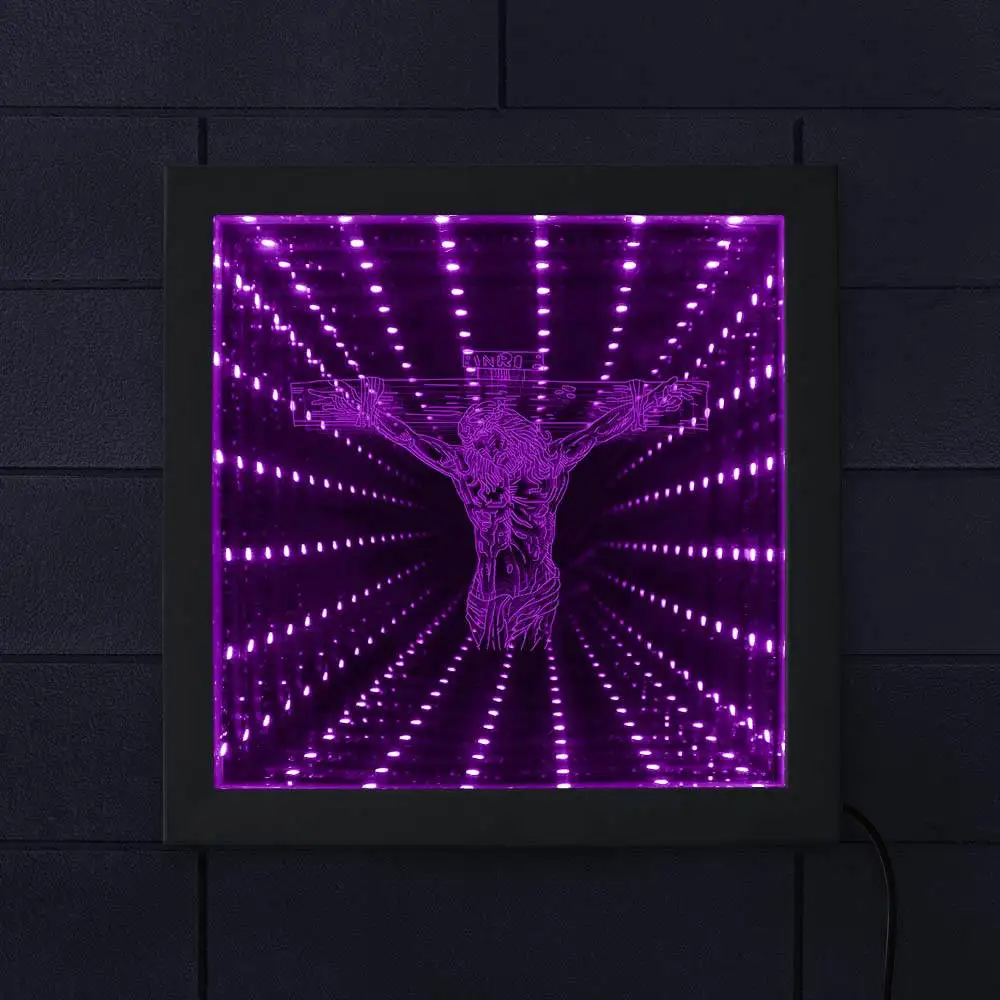 Jesus Cross 3D LED Infinity Mirror Wall Art Picture Wood Frame Jesus Christ Crucifixion Design Christian Gorgeous Lighting Gift