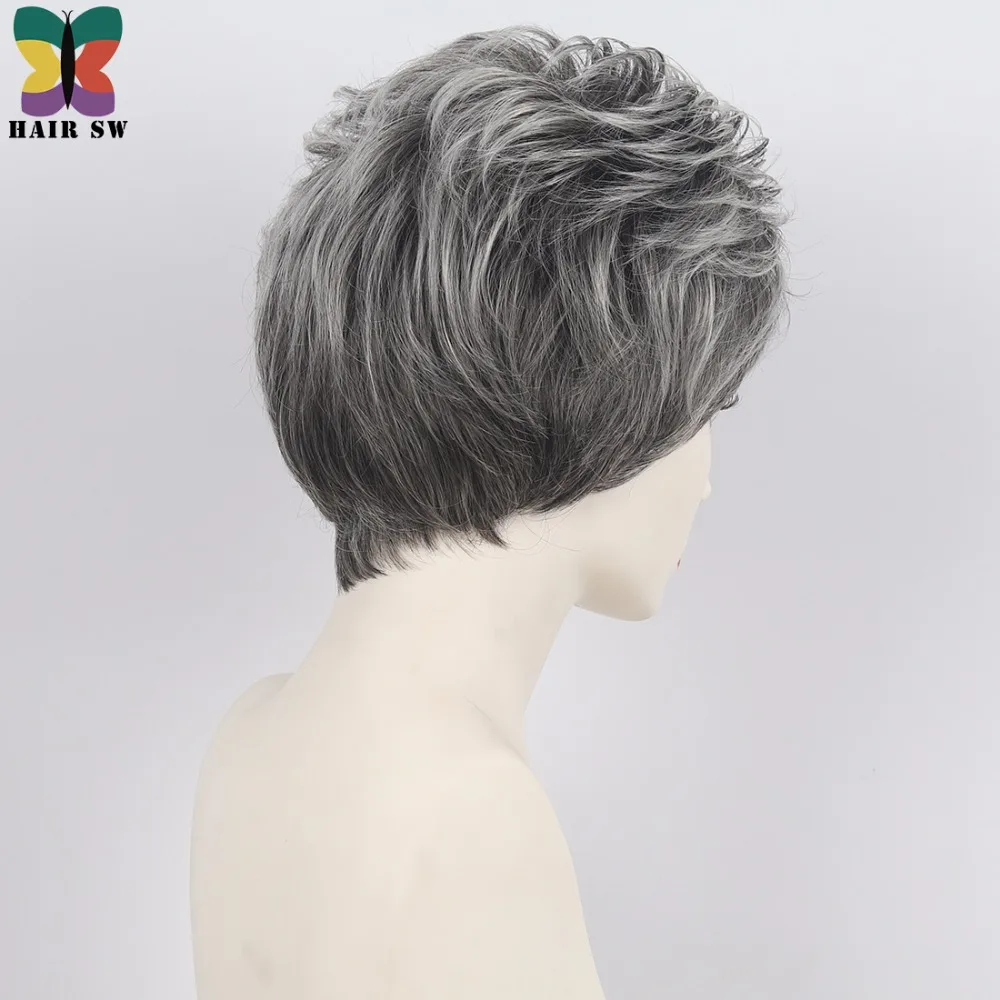 RAMBUT SW Pixie cut wig berlapis Perak Abu-abu Pendek Lurus Berbulu gaya rambut dengan poni rambut Sintetis untuk wanita yang lebih tua