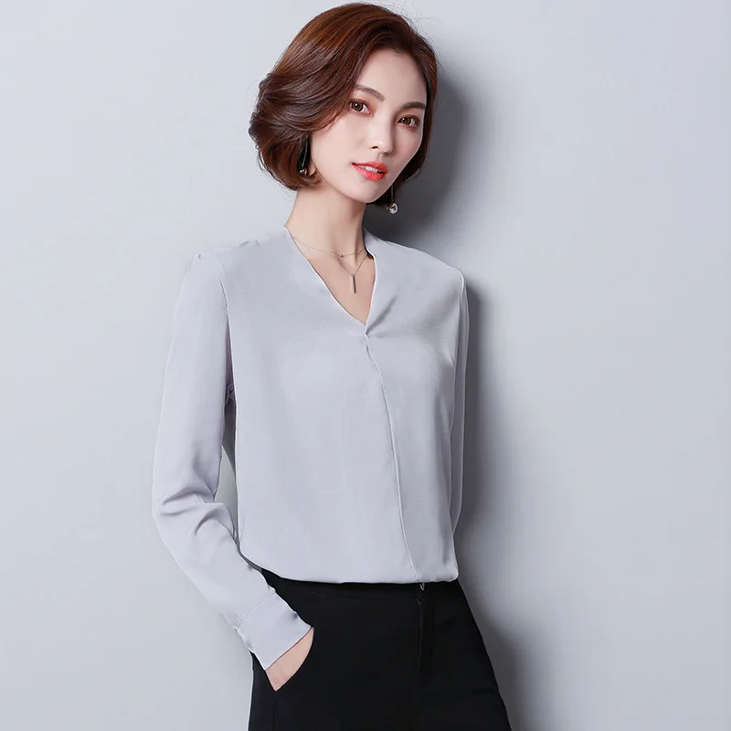 Frühling Sommer Chiffon Hemd Neue Lose Koreanische V-ausschnitt Langarm Blusen Frauen Große Größe Reine Farbe Freizeit Tops Kleidung H9049